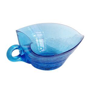 Blue Crackled Glass Heart-Shaped Bowl with Handle Nappy Candy